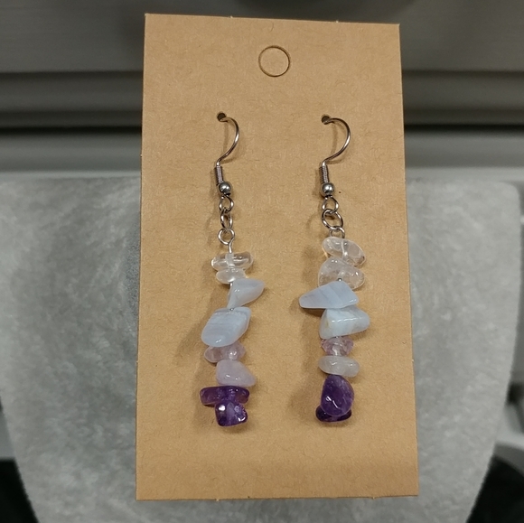 Amethyst Quartz Crystal Blue Lace Agate Earrings Natural Gemstone Chip Beaded - Picture 11 of 14